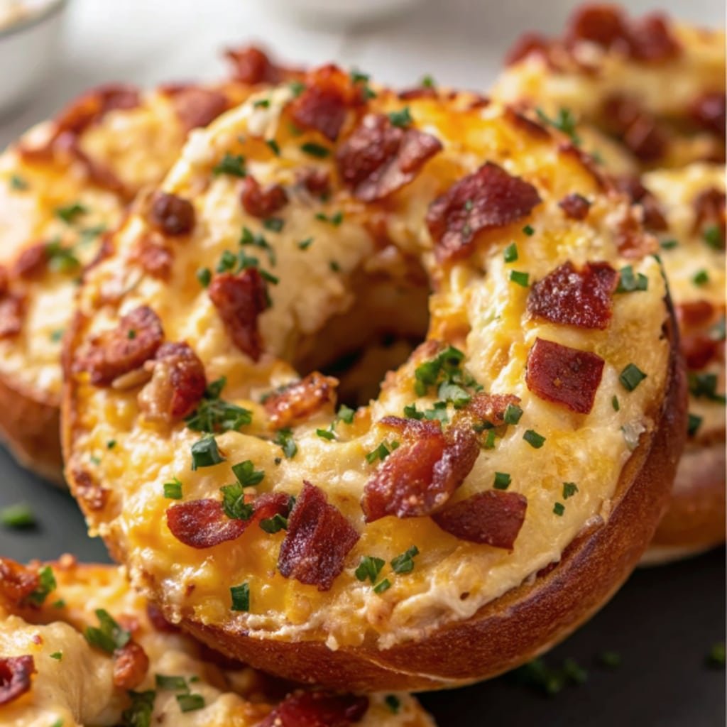 Creamy Bacon Cheddar Bagels – Easy Breakfast Sandwich Idea 4 open-faced creamy bacon cheddar bagels