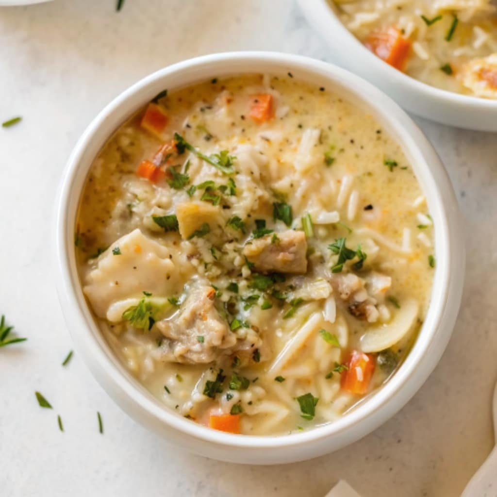 Garnished creamy chicken and rice soup