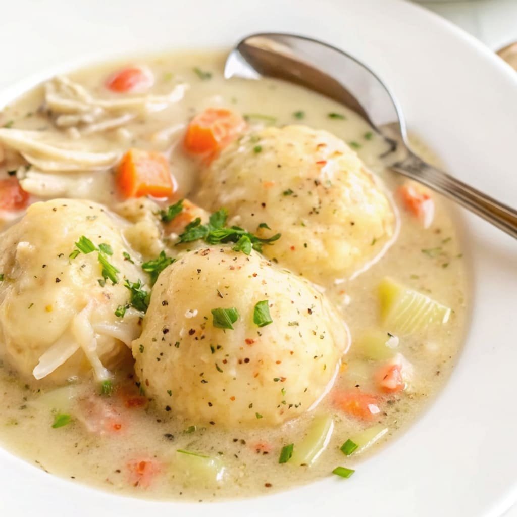 Creamy homemade chicken and dumplings recipe with fluffy dumplings