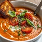 creamy roasted italian tomato soup in rustic bowl