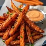 Crispy oven baked sweet potato fries on a sheet pan