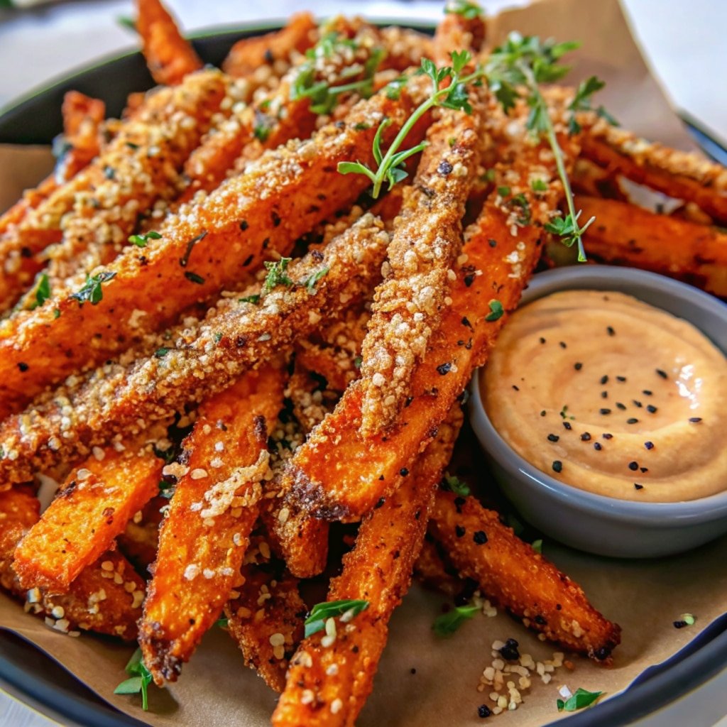 Crispy sweet potato fries with garlic-lime yogurt dip