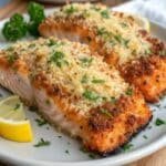 Golden crispy Parmesan salmon bake served with lemon wedges