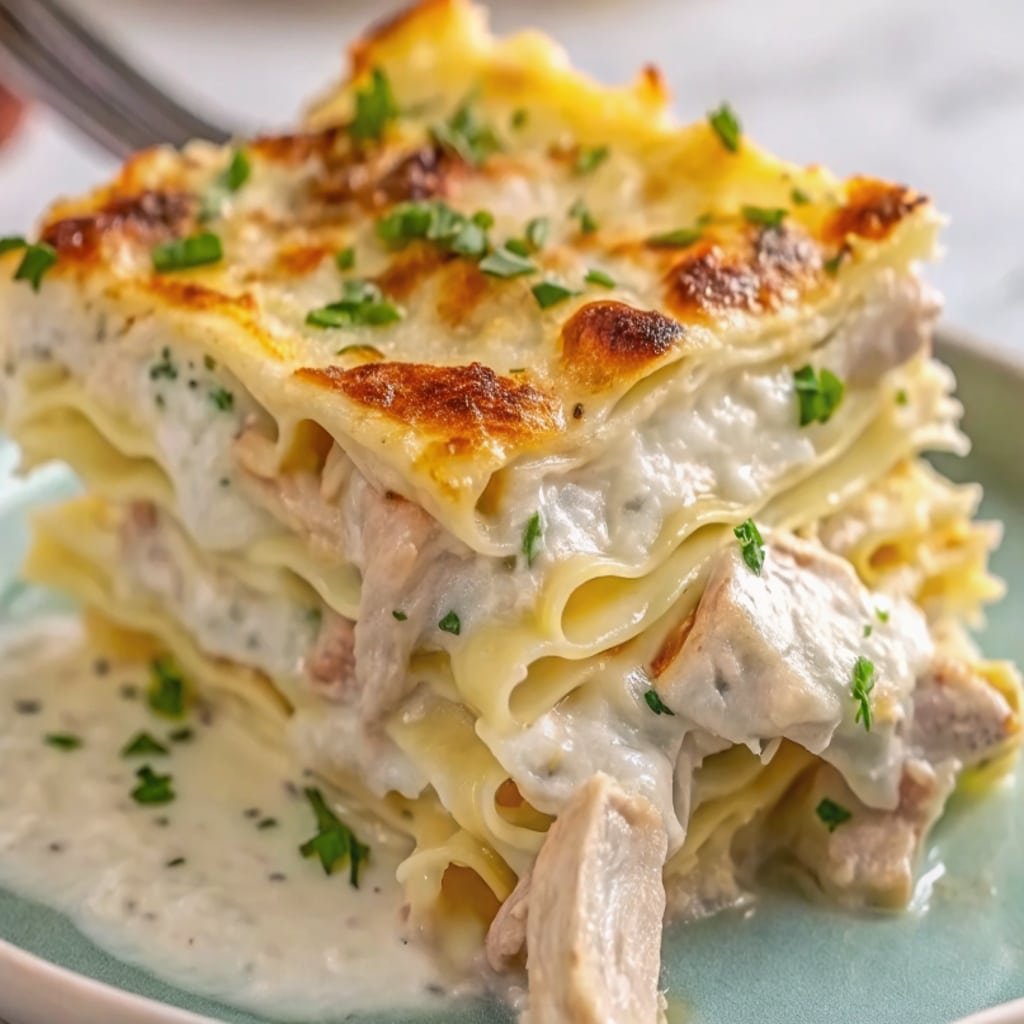 Easy Alfredo Chicken Lasagna Easy Alfredo Chicken Lasagna Slice of Easy Alfredo Chicken Lasagna with bubbling golden cheese