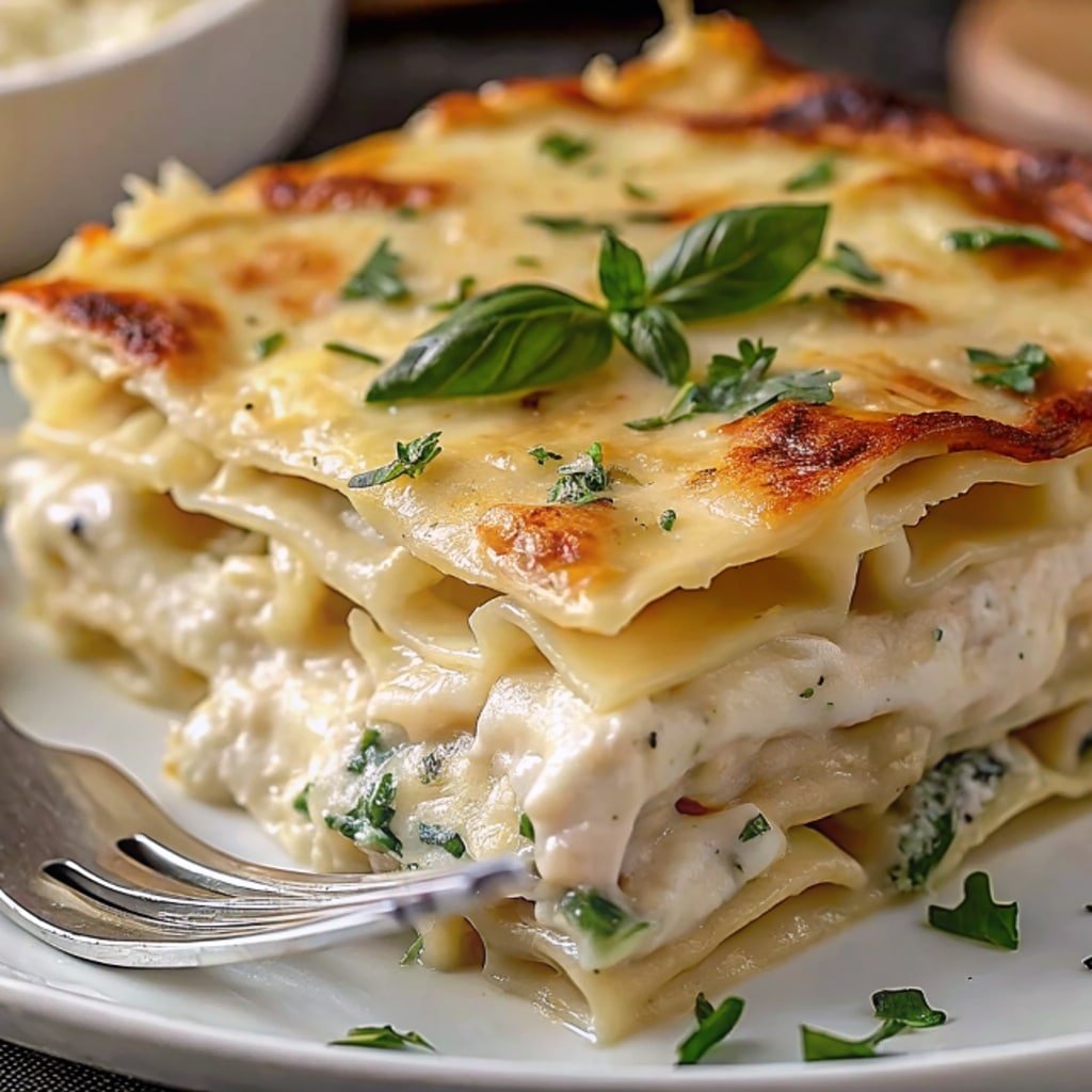 Slice of Easy Alfredo Chicken Lasagna with bubbling golden cheese