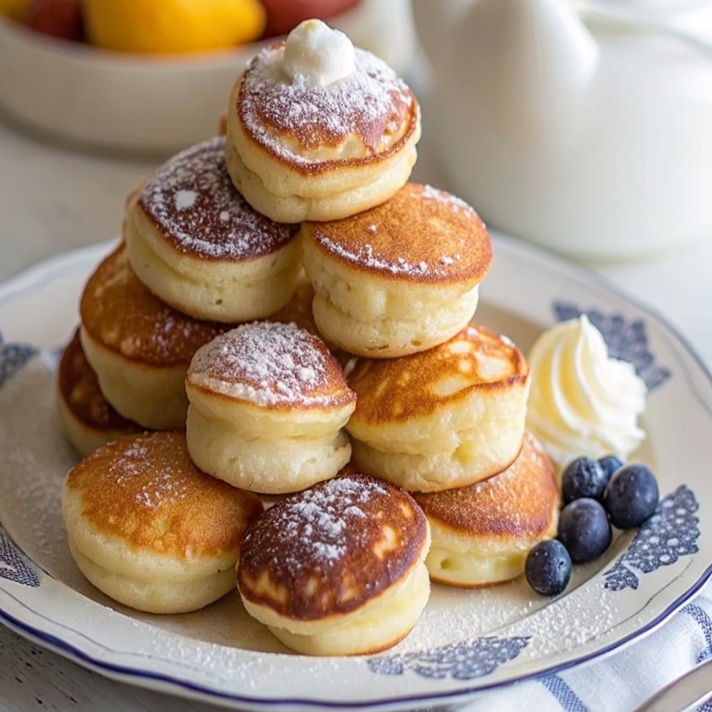 Served Easy Breakfast Pancake Poppers with dipping sauces and berries