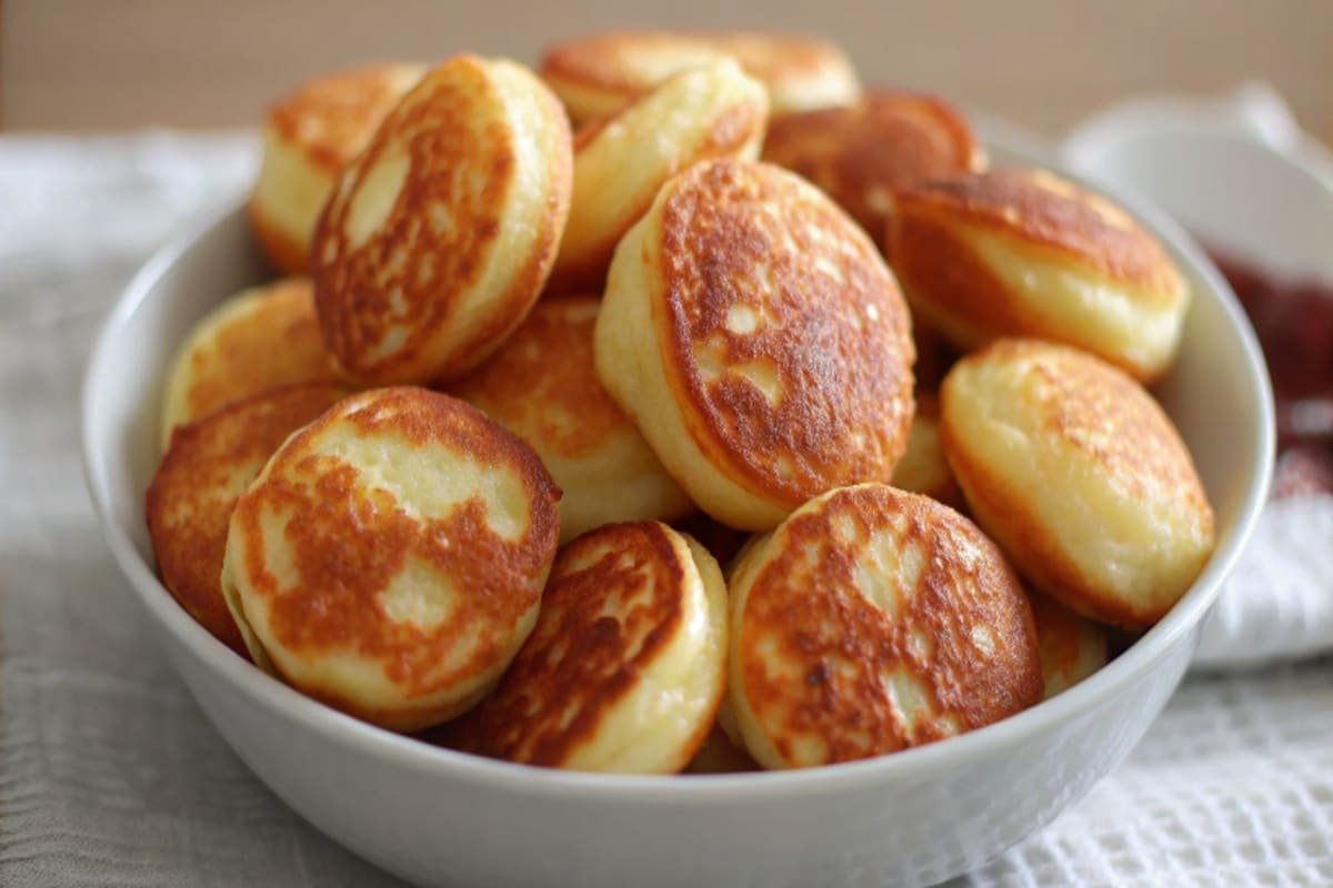 Golden Easy Breakfast Pancake Poppers in a bowl