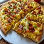 Easy Breakfast Pizza with eggs, bacon, and peppers on golden crust