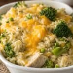 Easy Broccoli Cheddar Chicken and Rice Casserole Easy Broccoli Cheddar Chicken and Rice Casserole Easy Broccoli Cheddar Chicken and Rice Casserole bubbling with cheese.