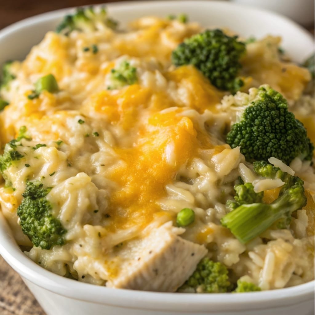 Easy Broccoli Cheddar Chicken and Rice Casserole bubbling with cheese.