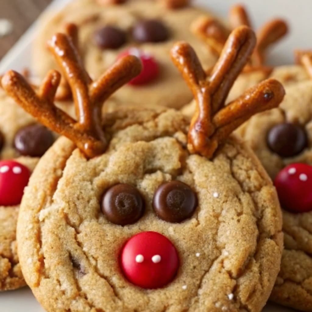 Easy Reindeer Cookies decorated with pretzel antlers and candy noses on a festive plate