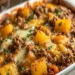 Hobo casserole with ground beef, potatoes, and melted cheddar