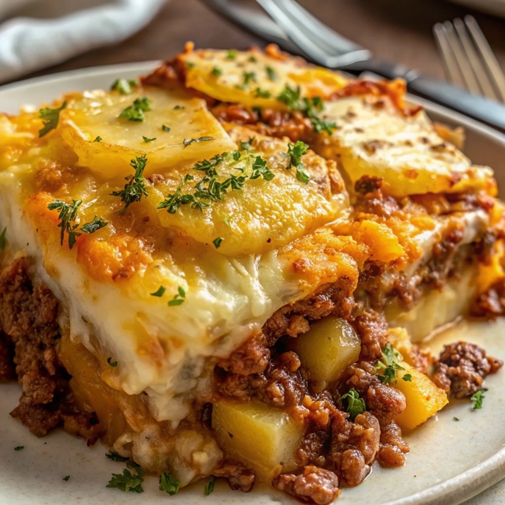 Serving of hobo casserole ground beef recipe on a plate