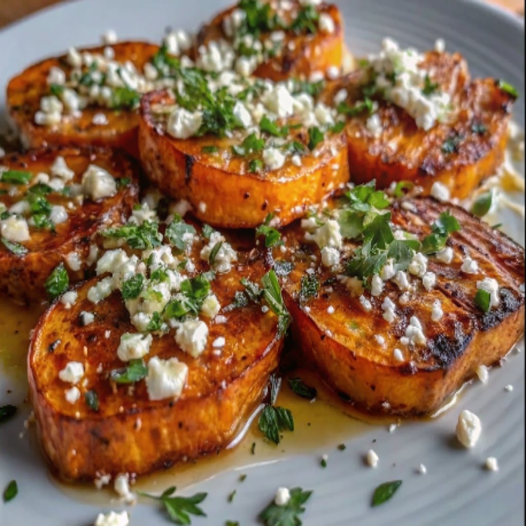 Honey Feta Sweet Potato Rounds with feta and honey drizzle