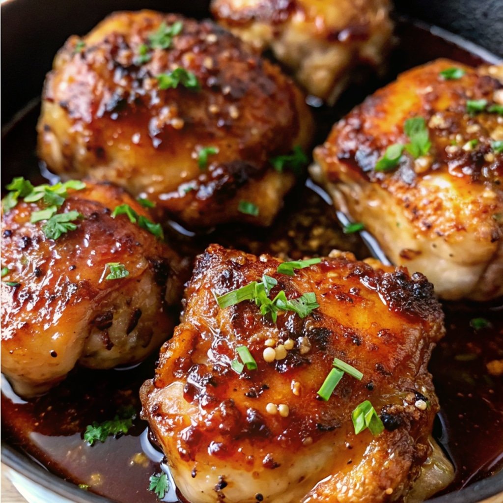 Honey Garlic Chicken Thighs baked in the oven with crispy skin and sticky honey glaze