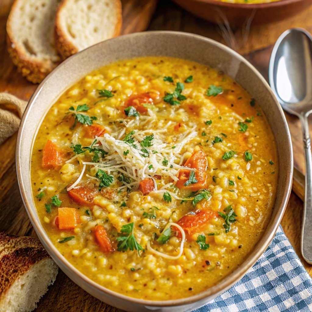 italian Penicillin Soup with chicken, lemon, and herbs in bowl