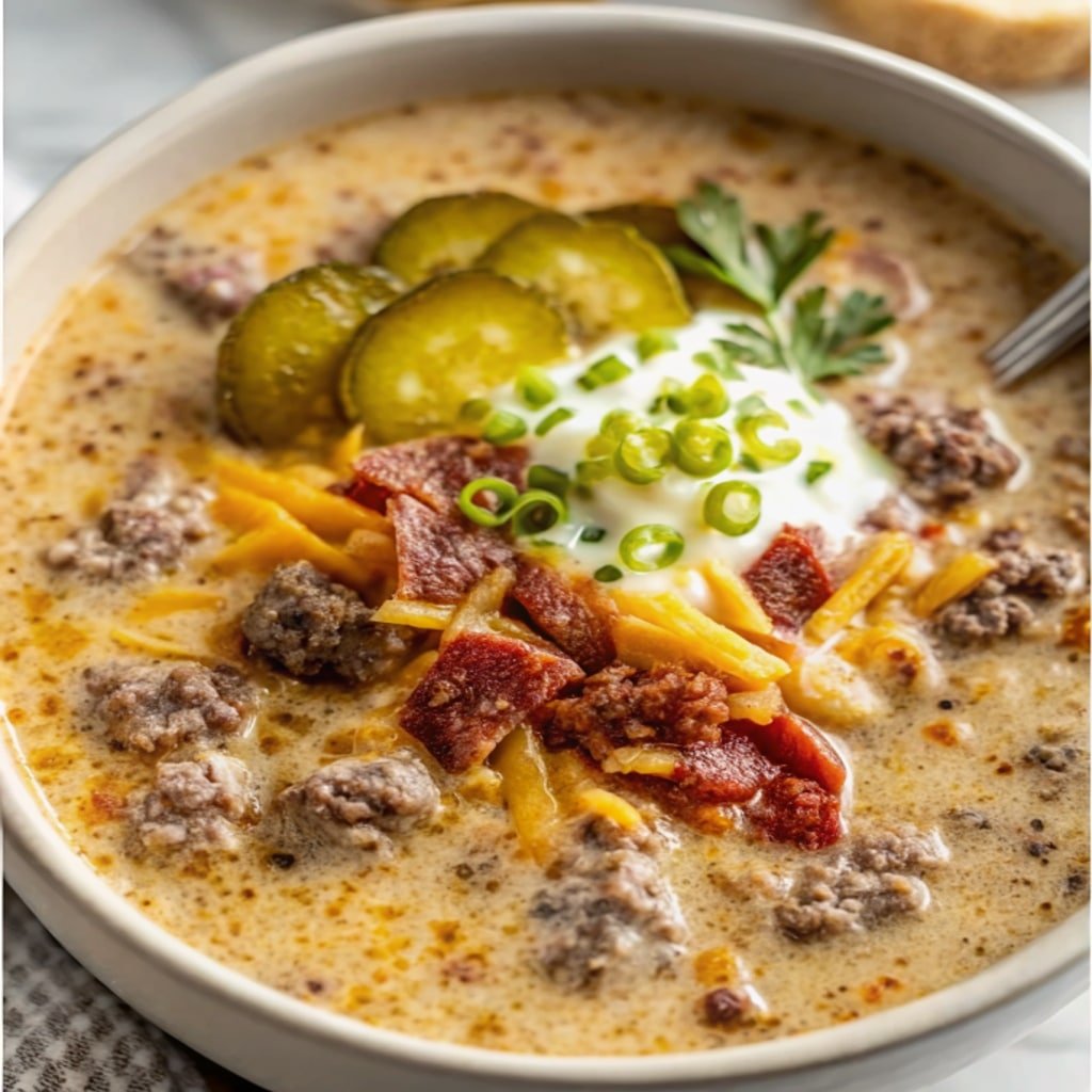 Keto Cheeseburger Soup in rustic bowl with bacon and cheese topping