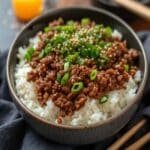 Korean Ground Beef Bowl - Easy Weeknight Dinner 5 Korean Ground Beef Bowl served over fluffy jasmine rice.