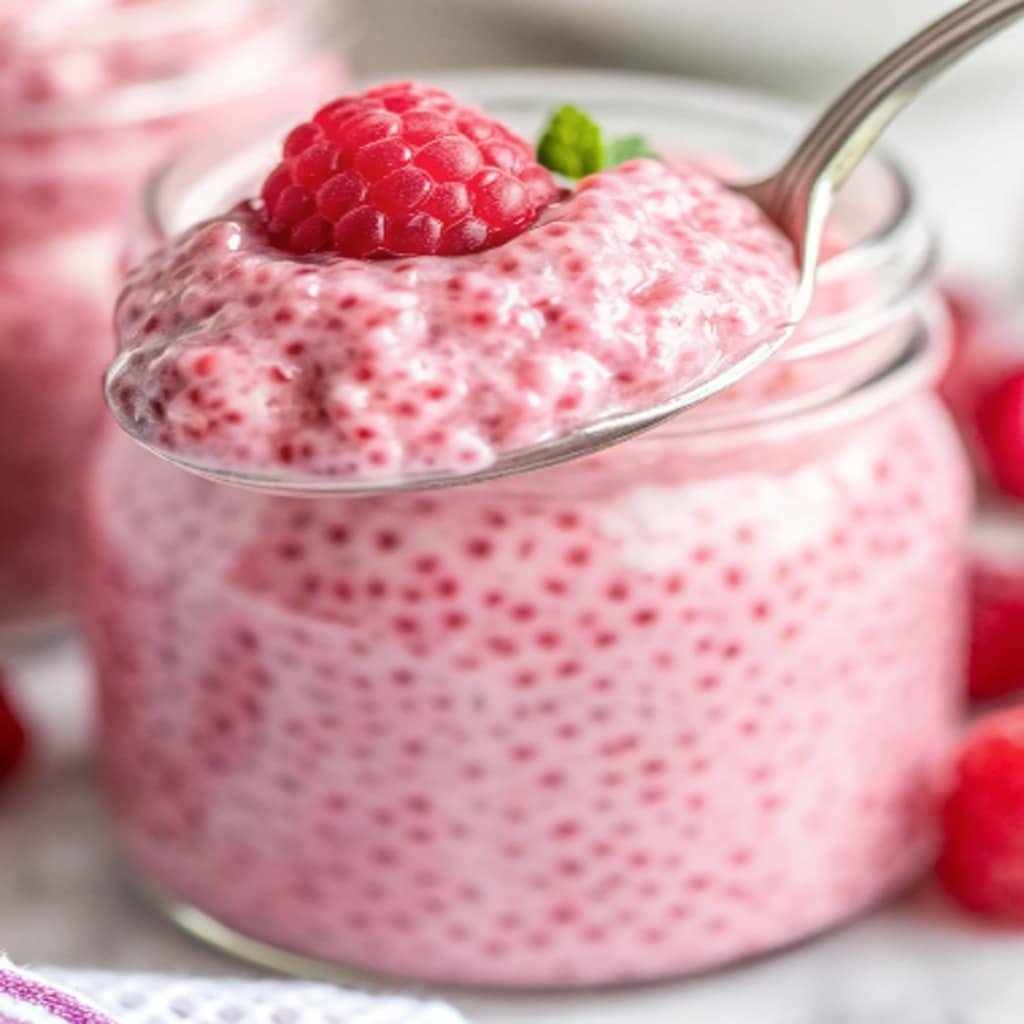 Raspberry Chia Pudding layered in a jar with fresh berries