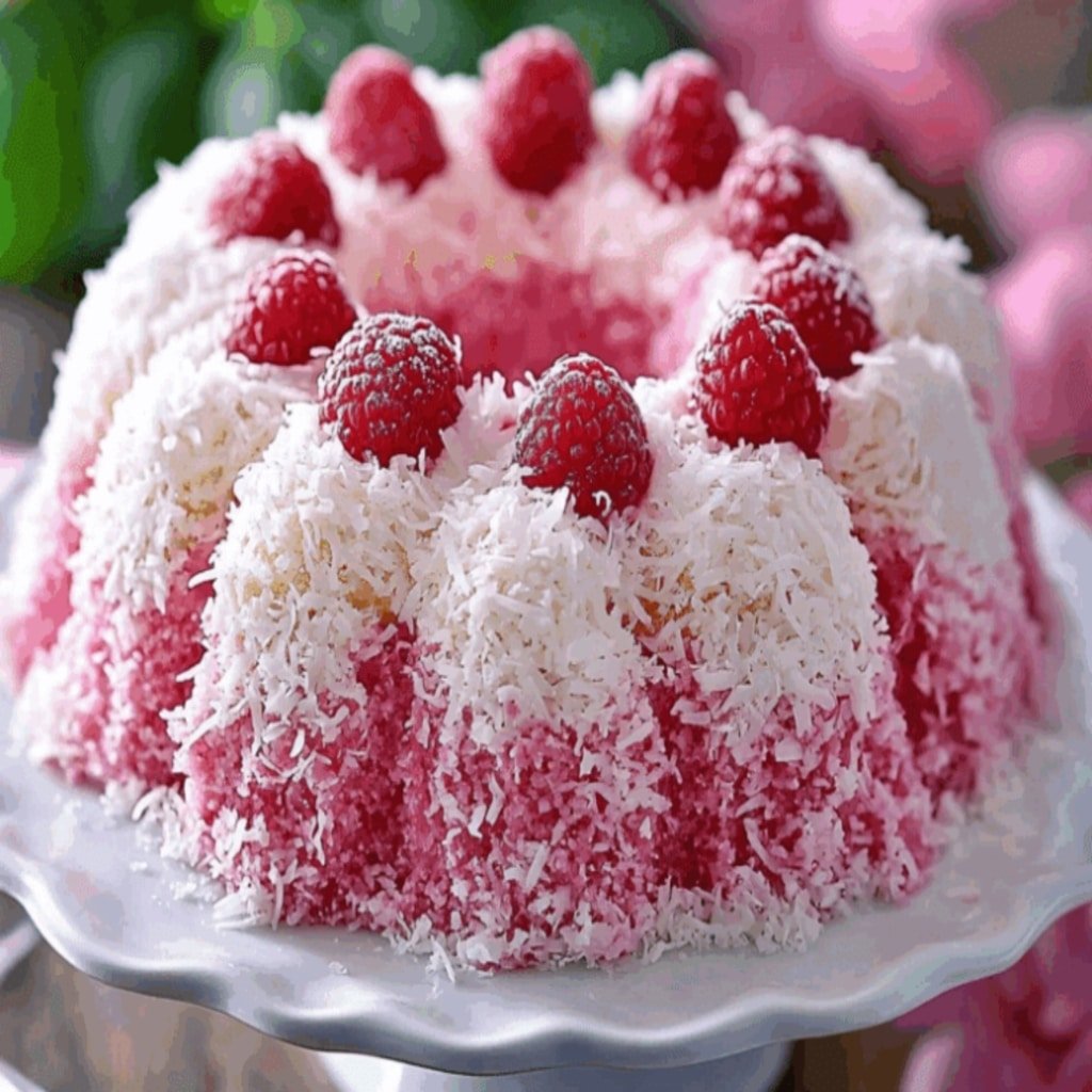 Raspberry Coconut Snowball Cake: Fluffy Coconut Layers with Bright Raspberry Raspberry Coconut Snowball Cake Raspberry Coconut Snowball Cake on rustic plate