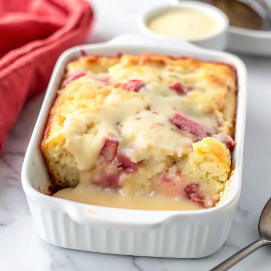 Whole rhubarb cake in pan with one slice removed