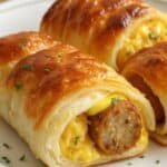 ausage egg breakfast roll cut in half showing sausage, egg and cheese