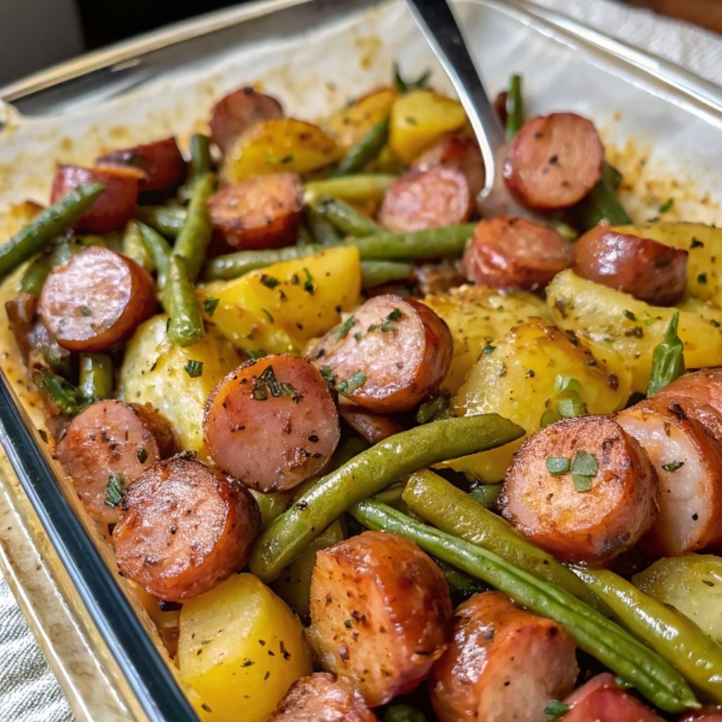 Sausage Green Bean Potato Casserole baked golden in dish