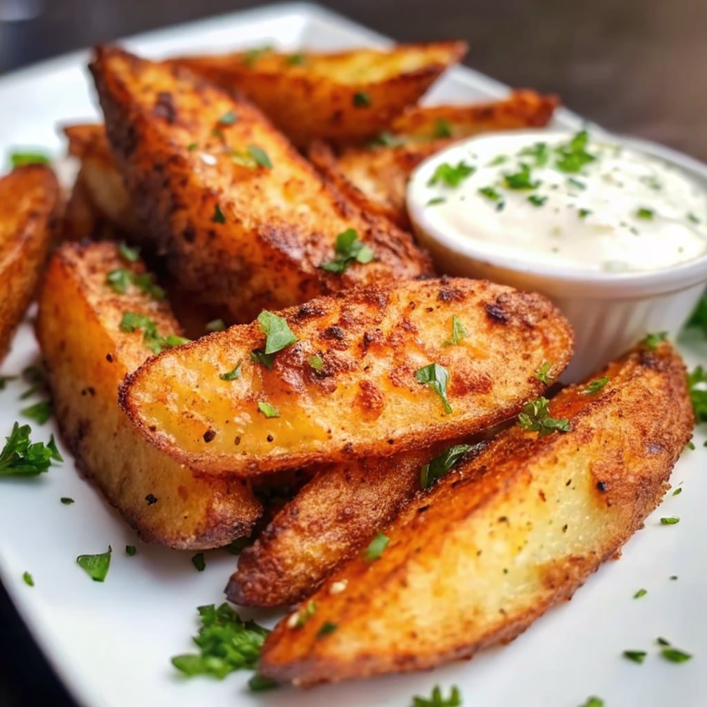 Crispy Baked Potato Wedges: Golden, Crunchy, Foolproof Every Time 3 Crispy Baked Potato Wedges on sheet pan with dipping sauces