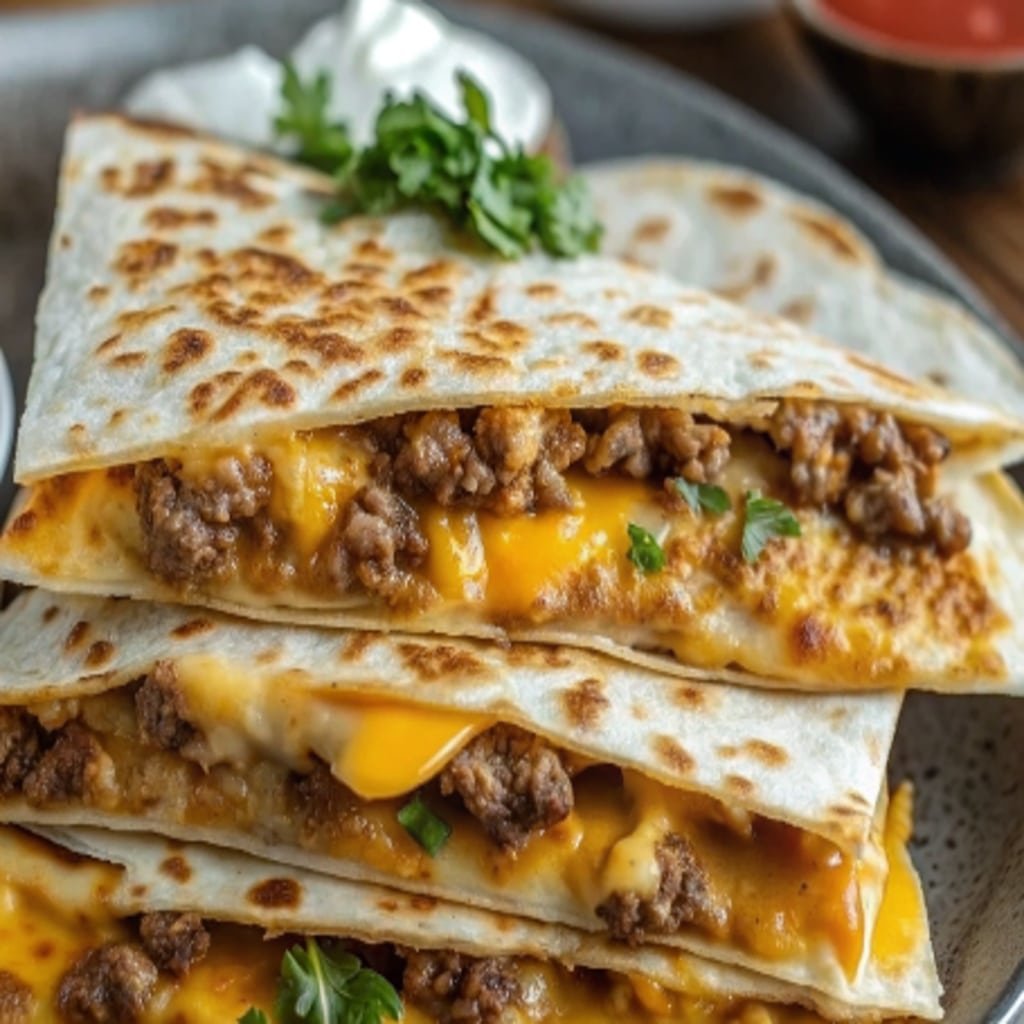 Smashburger Quesadillas: Irresistibly Crispy, Cheesy 20-Minute Dinner 4 Smashburger Quesadillas with burger sauce and gravy dips