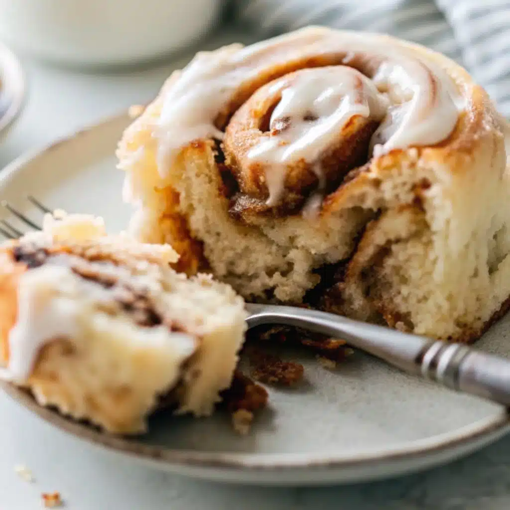 Single soft cinnamon roll served warm with extra icing