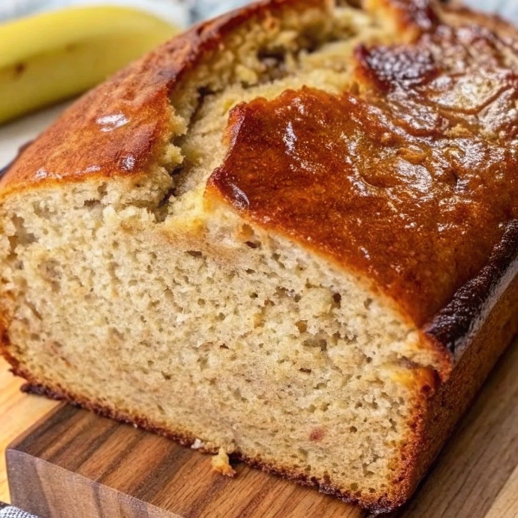sourdough discard banana bread loaf sliced on wooden board