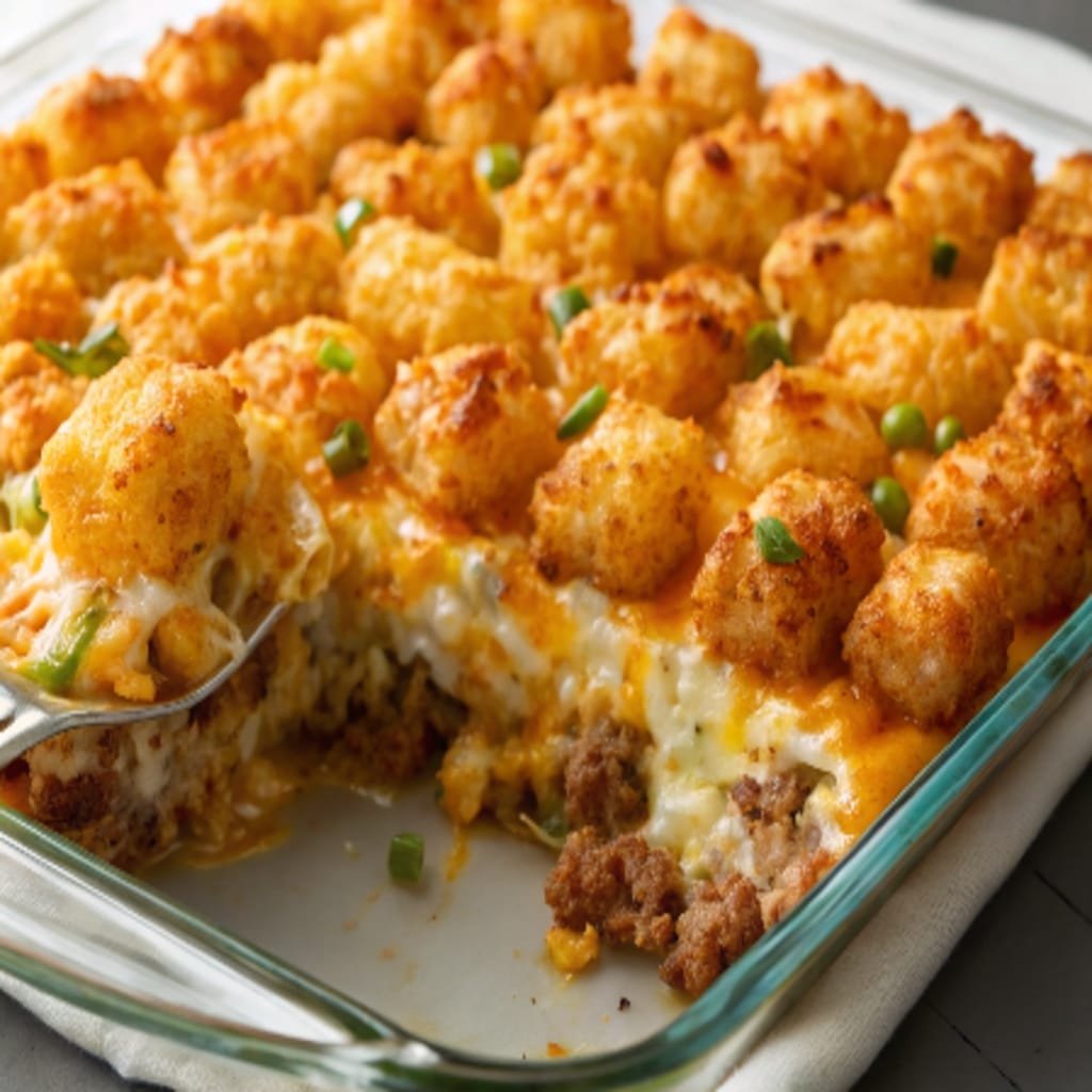 Tater Tot Casserole crisp and golden