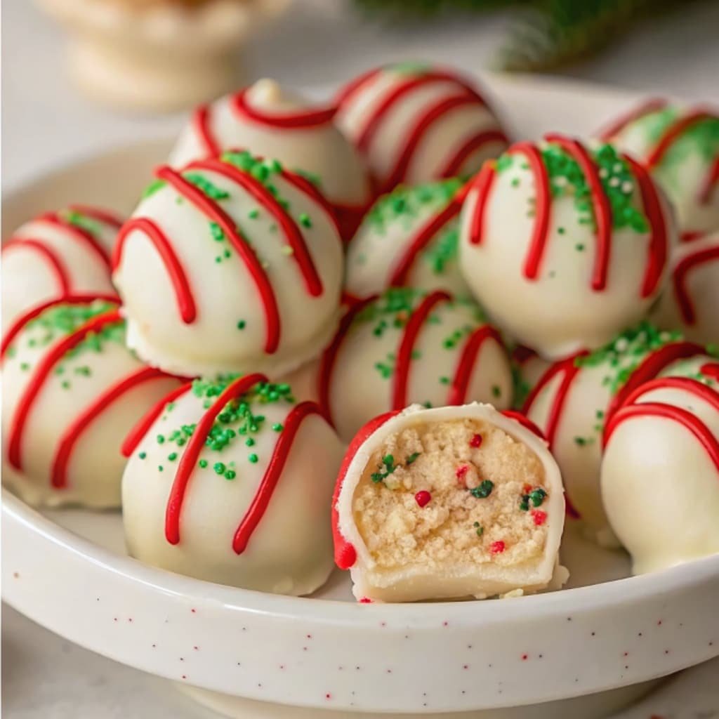 The Best Little Debbie Christmas Tree Cake Truffles s coated in white chocolate with festive green sprinkles