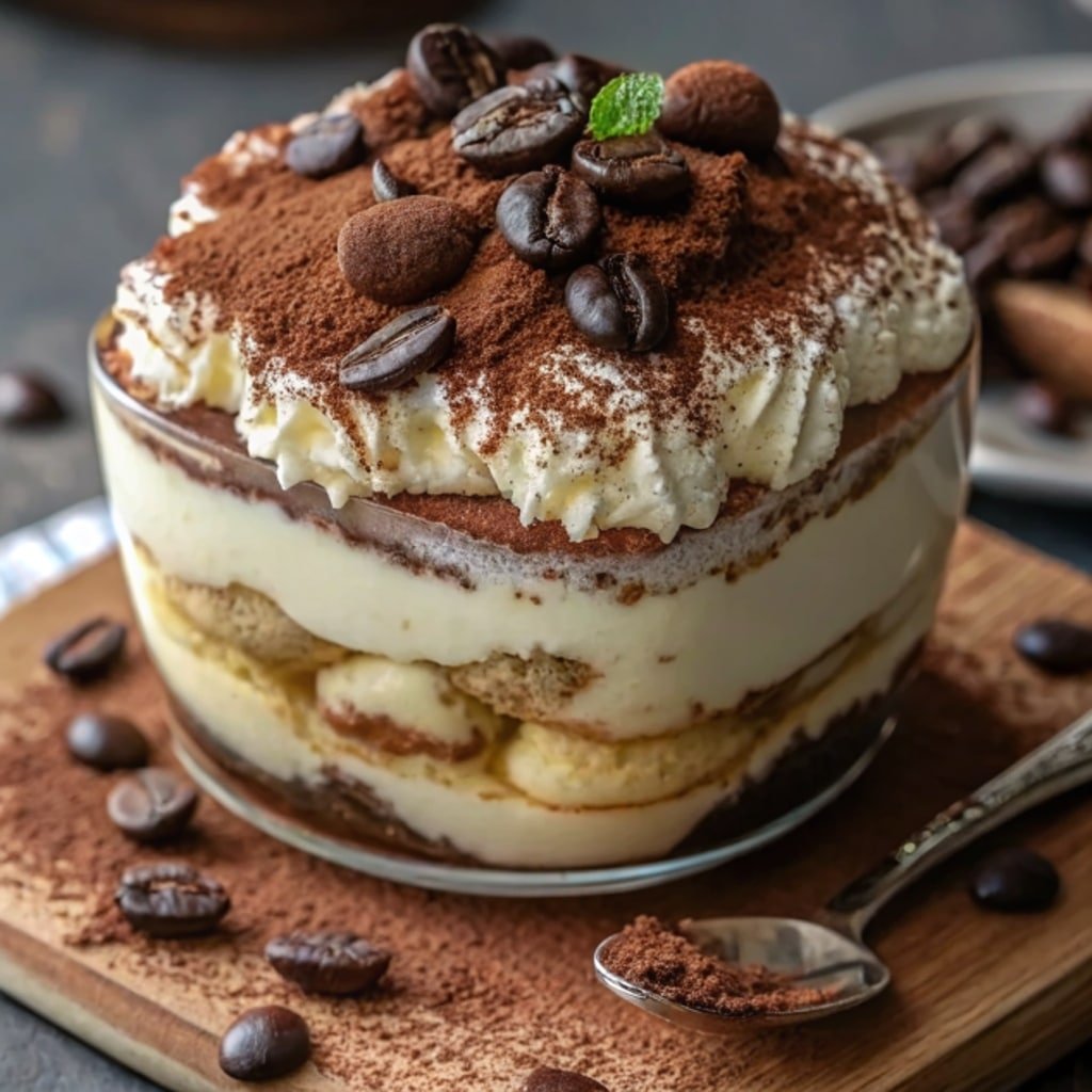 tiramisu in glass with cocoa dusting