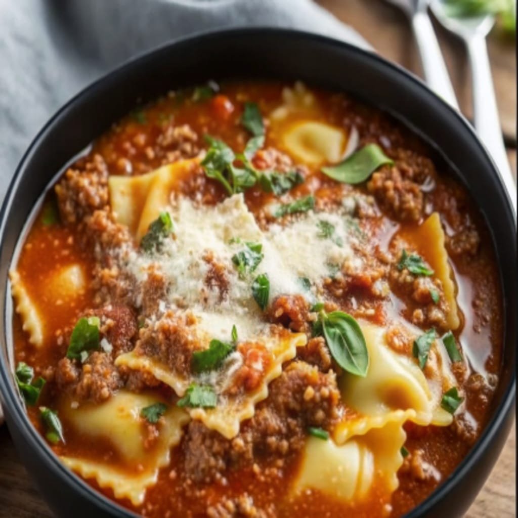 erving cozy crockpot lasagna soup with cheese pull