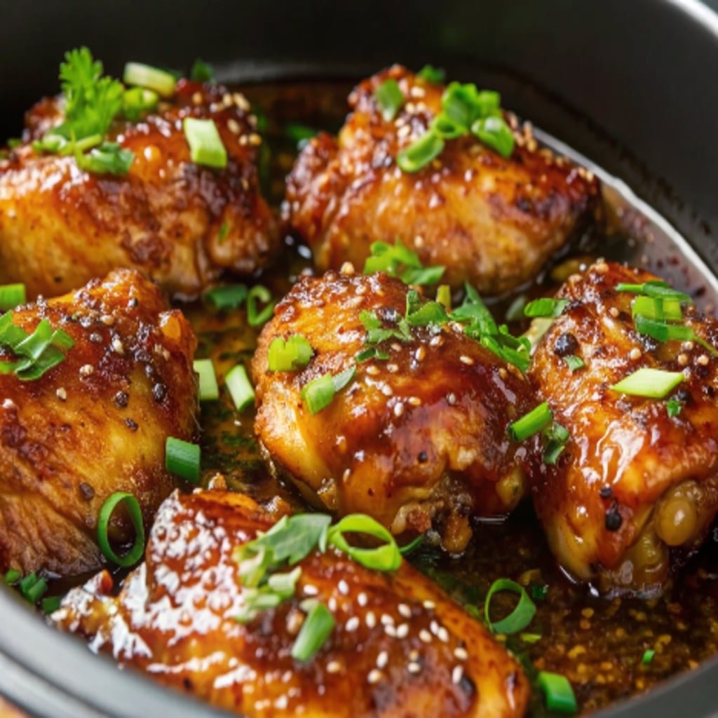 Easy Honey Garlic Slow Cooker Chicken Thighs in glossy sauce