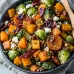 Spicy Maple Butternut Squash with Brussels and Bacon