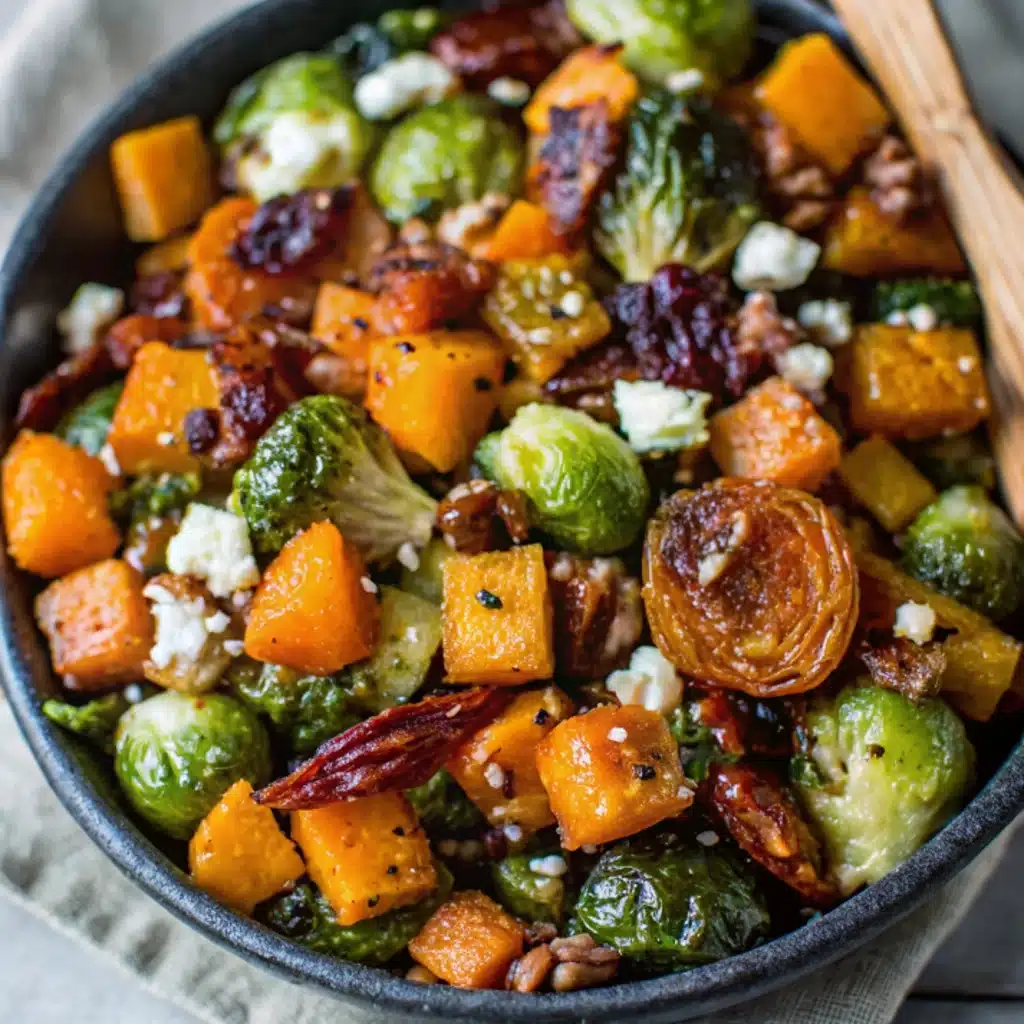 Spicy Maple Butternut Squash with Brussels and Bacon