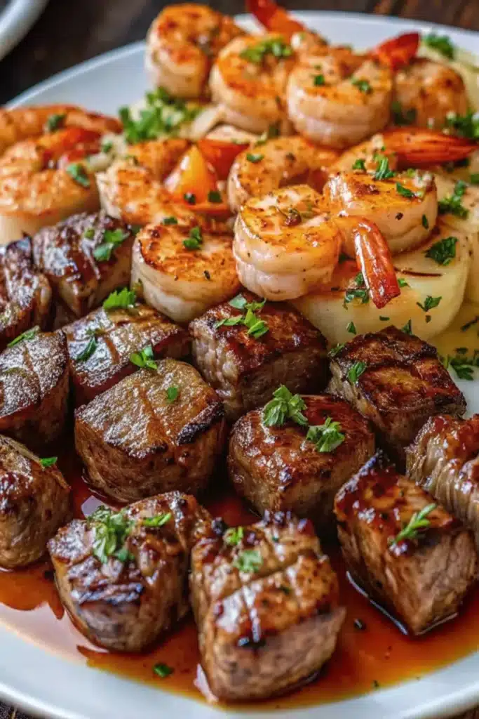 Garlic Butter Steak Bites and Shrimp