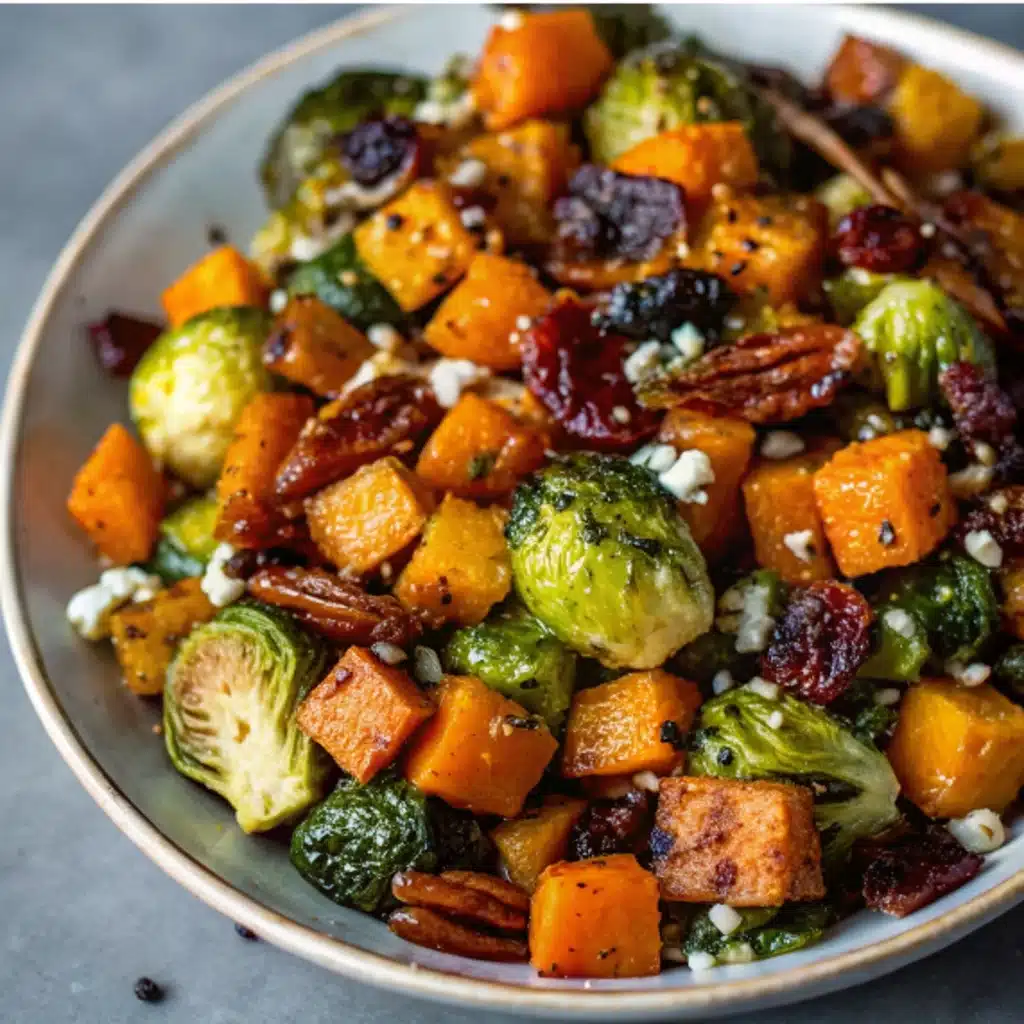 Spicy Maple Butternut Squash with Brussels and Bacon