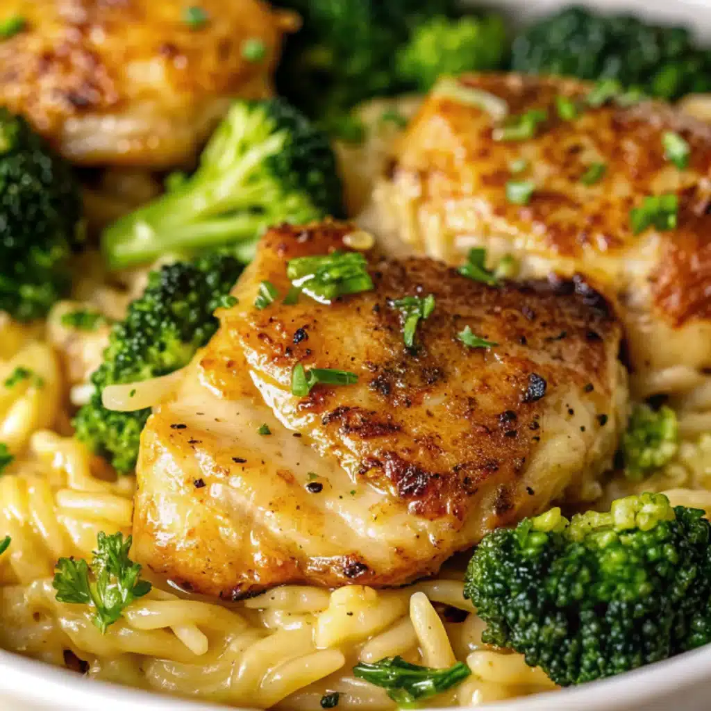 Skillet Chicken Thighs with Broccoli Cheddar Orzo