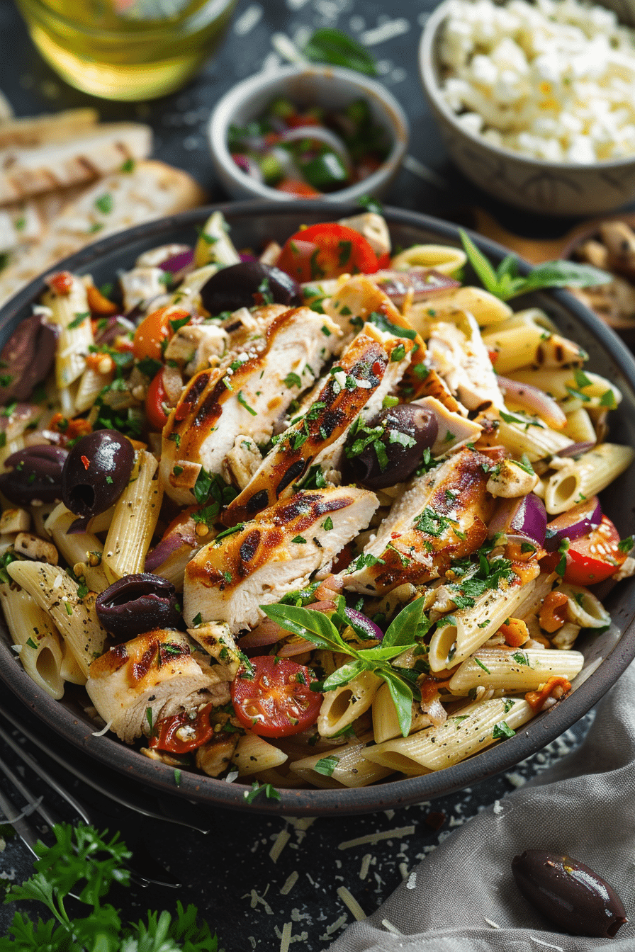 Mediterranean Chicken Pasta Salad with Zesty Lemon-Herb Dressing Mediterranean Chicken Pasta Salad Cooked whole-grain pasta being tossed with fresh herbs and lemon zest
