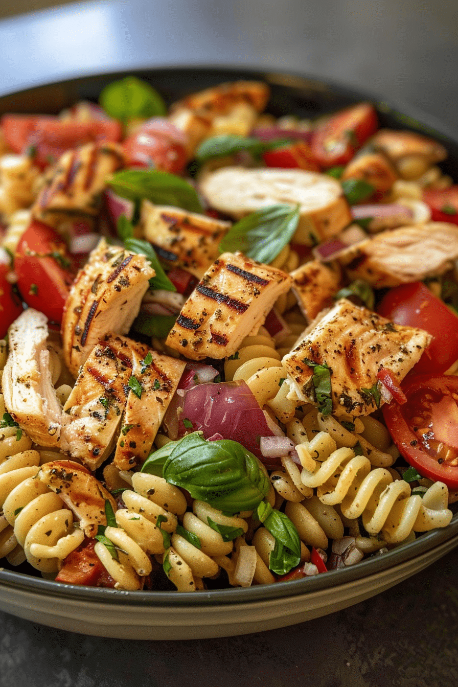 Mediterranean Chicken Pasta Salad with Zesty Lemon-Herb Dressing Mediterranean Chicken Pasta Salad Finished Mediterranean Chicken Pasta Salad with vibrant orange-pink tomatoes and feta cheese crumbles