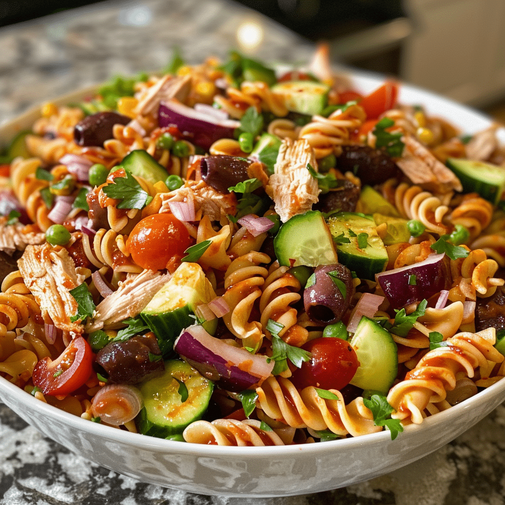 High Protein BBQ Chicken Pasta Salad