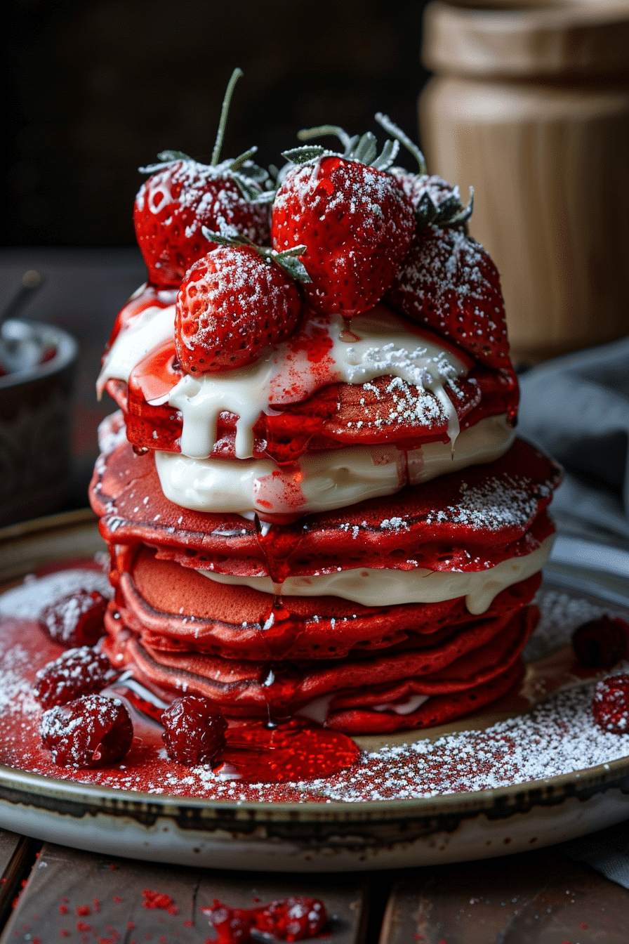Red Velvet Pancakes with Cream Cheese Syrup