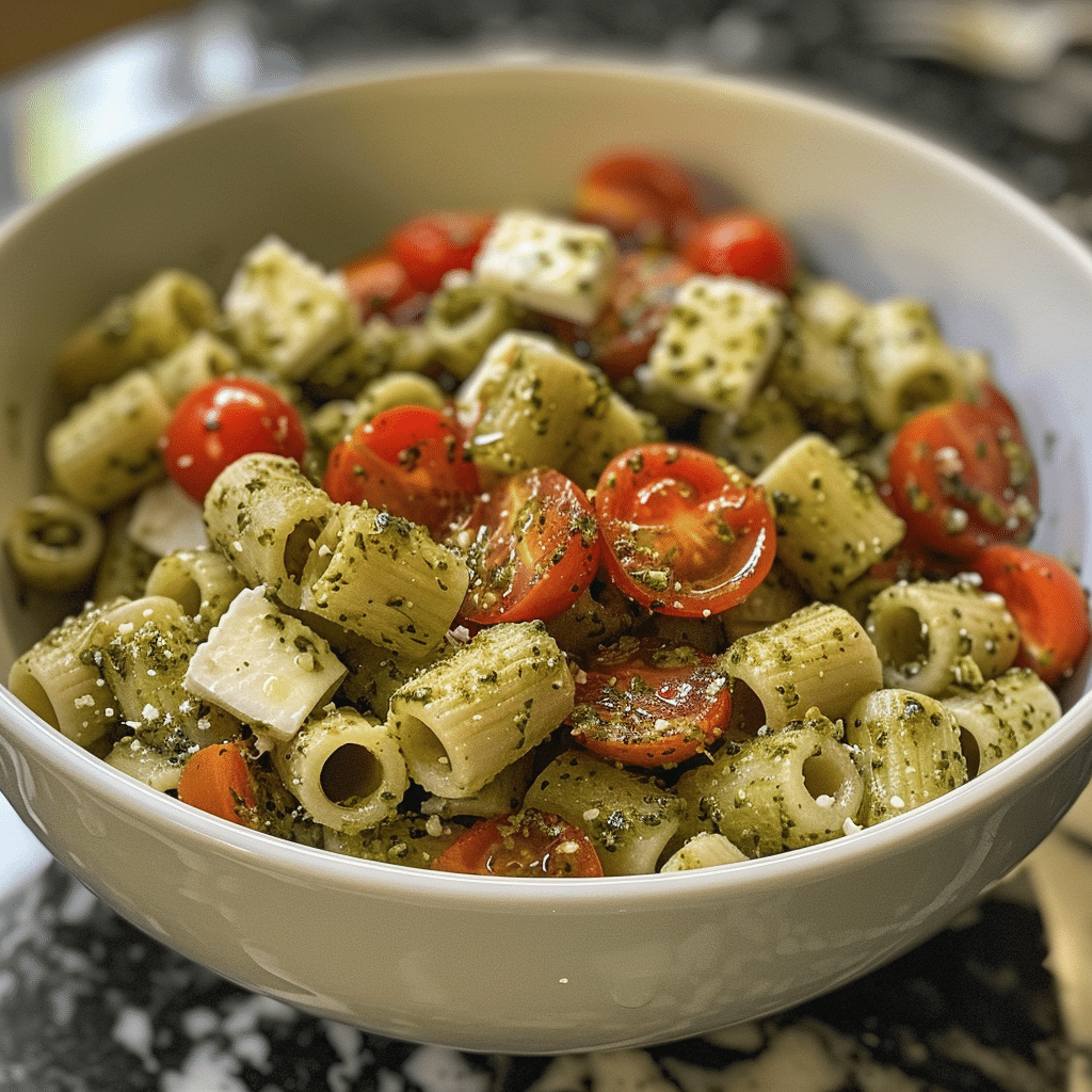 Fresh Pesto Pasta Salad with Cherry Tomatoes and Mozzarella