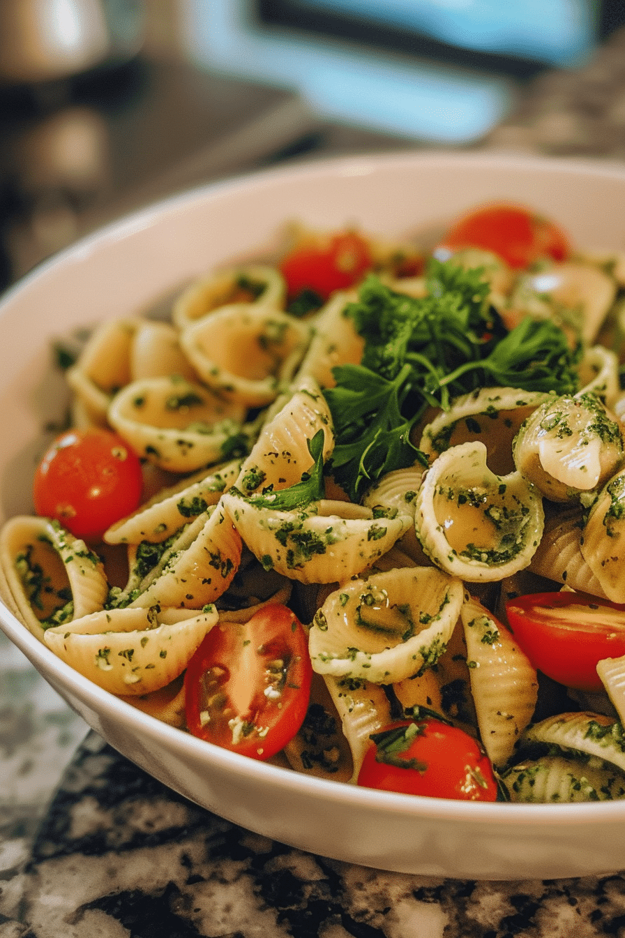 Fresh Pesto Pasta Salad with Cherry Tomatoes and Mozzarella